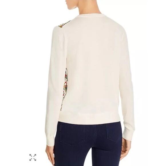 Tory Burch Silk Front Wool Cardigan Sweater Floral Peacock Cream Button-up READ - Picture 6 of 16